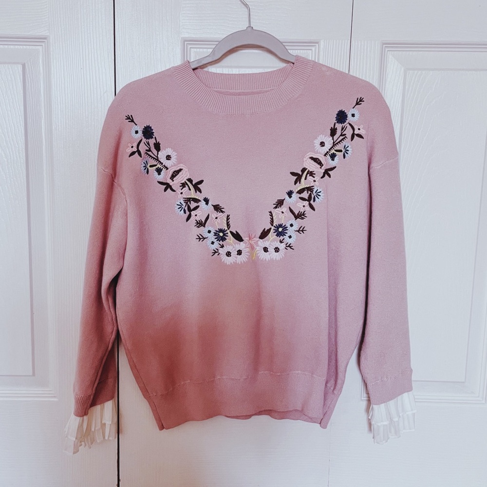 Pink Floral Embroidery Knit Sweater - Size S (4-6)